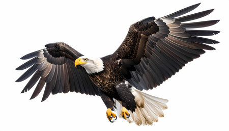 A majestic bald eagle, powerful bird of prey, flying with grace. an isolated wildlife animal and national symbol of freedom soaring with spread wing on white backgroundの素材