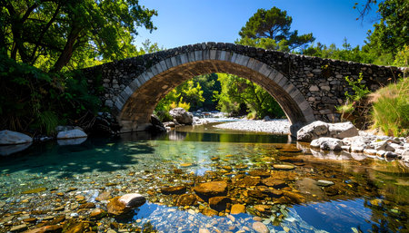A serene old stone arch bridge over clear tranquil river in green forest. peaceful and scenic nature landscape with reflection on water on sunny summer dayの素材