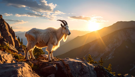 A majestic mountain goat animal standing on rocky mountain peak during golden sunrise. serene wildlife in nature, beautiful landscape scene with sun and stunning lightの素材