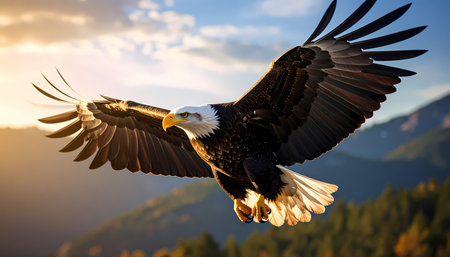 A majestic bald eagle flying over mountain during golden sunset. this powerful bird symbolizes freedom, soaring gracefully through nature and representing american wildlifeの素材