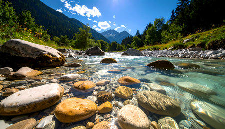 A serene mountain river flowing through summer valley landscape. clear water runs over stone in beautiful nature forest setting. peaceful and tranquil outdoor sceneの素材