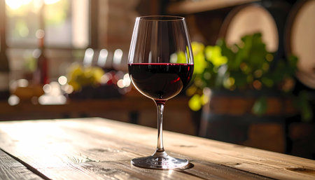 A relaxing and sophisticated glass of red wine sits on rustic wooden table inside winery cellar. an elegant drink and alcoholic beverage with beautiful backgroundの素材