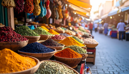 A vibrant, colorful spice market stall in traditional bazaar. aromatic food ingredients and herbs in bowls for sale at an exotic outdoor souk, lively travel destinationの素材