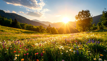 A tranquil sun rising over beautiful mountain landscape. colorful flower field and green grass meadow cover hill and valley below bright sky, very peaceful sceneの素材
