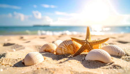 A peaceful starfish and seashell on golden sand at beach. beautiful summer day with sun over tropical ocean coast, perfect and serene vacation sceneの素材