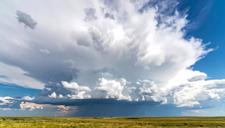 A dramatic and powerful supercell storm cloud gathers in blue sky over vast prairie landscape. this awesome weather event creates an ominous and beautiful scene of natureの素材