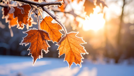 A beautiful orange maple leaf covered in cold frost on tree branch during winter sunrise. serene autumn nature scene with golden sun shining through snowの素材