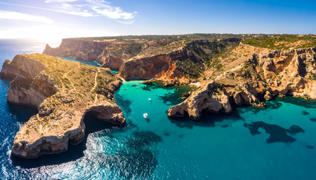 An inspiring aerial view of beautiful sea coast with turquoise bay. boat sits in water below high cliff. stunning summer travel landscape for peaceful vacationの素材