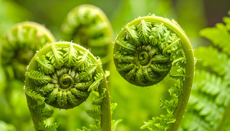 A serene close up of green fern fiddlehead unfurling in spring. intricate spiral leaf represents new life and growth in nature. beautiful macro detail of young plantの素材
