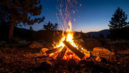 A warm cozy campfire crackling with bright orange flame and sparks at night. tranquil outdoor scene in dark forest perfect for camping, adventure and relaxation under skyの素材