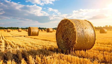 A golden sunset over summer rural farm field with hay bale. peaceful countryside agricultural landscape feeling serene and calm during harvest time in natureの素材