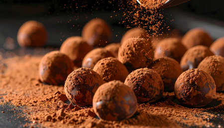 A delicious gourmet chocolate truffle dessert, decadent sweet confection, getting dusted with rich cocoa powder. an indulgent close up of candy on dark backgroundの素材