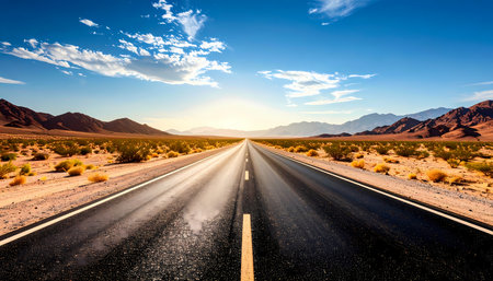 An empty asphalt road stretches through vast desert landscape toward hopeful sunrise over distant mountains, scenic highway symbolizing journey and freedom under blue skyの素材