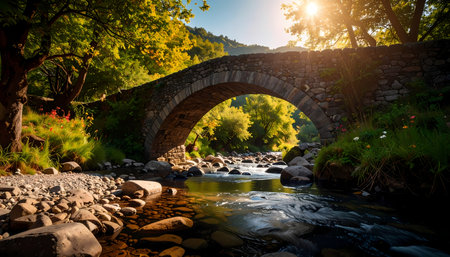 A serene old stone bridge arches over peaceful river in sunlit forest. this idyllic autumn landscape with golden light and flowing water creates tranquil, scenic viewの素材
