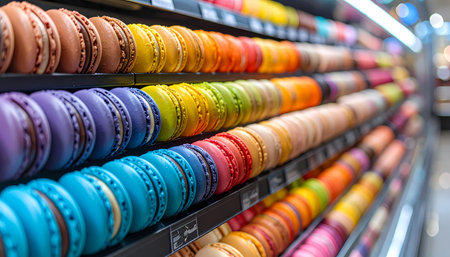 A colorful delicious macarons on shelf in bakery. vibrant row of sweet gourmet food dessert creates beautiful rainbow pattern, tempting and delightful display for pastry loversの素材
