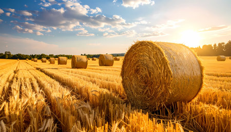 A peaceful hay bale in golden field during summer sunset. an agriculture harvest scene showing beautiful rural farm landscape in tranquil countrysideの素材