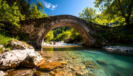 A tranquil stone bridge with classic arch over clear river with green water in summer forest. beautiful nature landscape perfect for peaceful travel and reflectionの素材