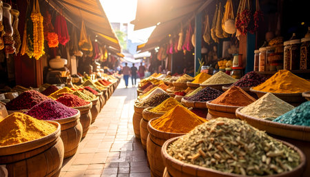 A vibrant and colorful traditional food market in morocco souk. bazaar features large display of spice, herb, and ingredient for sale in an authentic outdoor settingの素材
