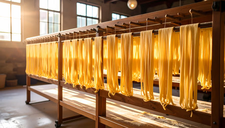 A fresh homemade pasta hanging to dry on wooden rack in sunlit workshop. warm sunlight creates golden glow, evoking feeling of authentic, traditional craftの素材