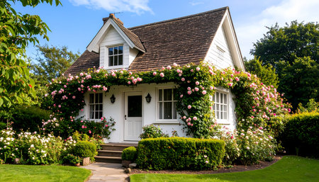A beautiful white cottage house with blooming flower garden in summer. charming and idyllic dream home surrounded by green lawn and tree, feeling peaceful and sereneの素材