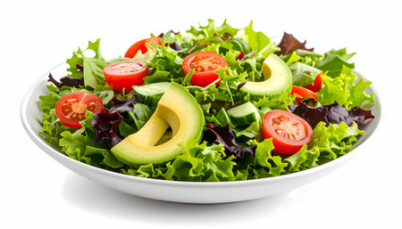 A healthy fresh green salad with lettuce, tomato, and avocado vegetable in bowl. this delicious food meal perfect for light lunch, dinner, or healthy dietの素材