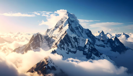 A majestic mountain peak with snow rising above beautiful cloud layer under blue sky. serene and powerful landscape evokes awe, adventure, and sense of freedomの素材