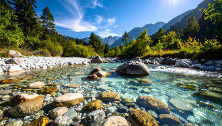A scenic landscape of clear mountain river flowing through lush green forest on bright summer day. sun shines over water and rock, creating peaceful viewの素材