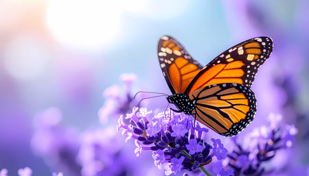 A beautiful monarch butterfly with orange wing peacefully resting on purple lavender flower in summer garden. delicate insect enjoys vibrant bloom in serene field at sunsetの素材