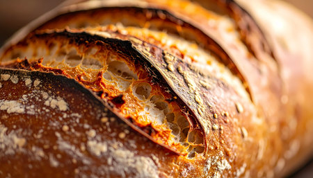 A delicious close up of fresh baked sourdough bread loaf. golden brown crust has rustic texture, perfect for healthy homemade meal. comforting and appetizing foodの素材