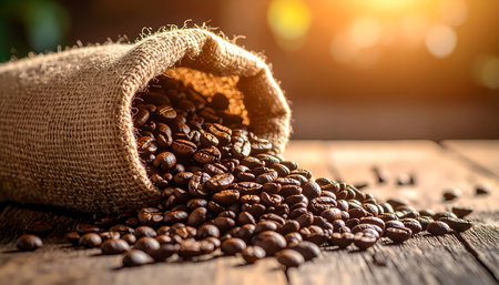 An aromatic roasted coffee bean spilling from rustic burlap sack onto wooden table. warm morning light in background creates fresh and cozy atmosphere for this cropの素材
