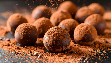 A decadent close up of delicious gourmet dark chocolate truffle dessert. handmade candy confection dusted with cocoa powder on dark background creating an indulgent sweet food experienceの素材