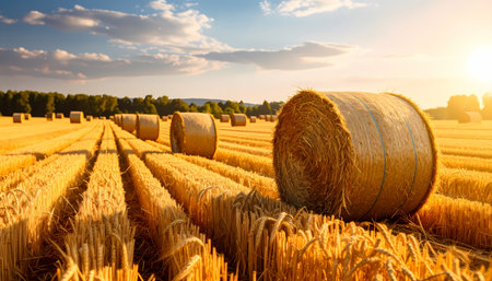 A peaceful rural farm landscape with hay bale rolls in wheat field. beautiful agriculture scenery of countryside at sunset during golden hour of summer harvestの素材