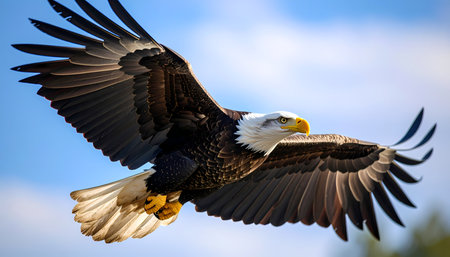 A majestic bald eagle flying through blue sky, powerful bird of prey in its natural wildlife habitat. beautiful raptor symbolizing freedom, soaring with wide wingspanの素材