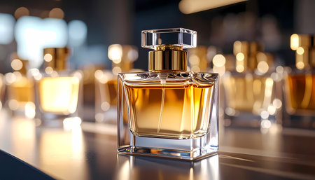 A luxury golden perfume bottle on shop display. an elegant glass fragrance container representing beauty cosmetic product with sophisticated blurred background of retail storeの素材