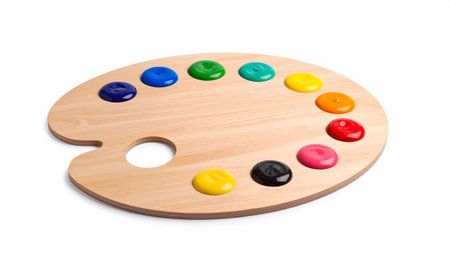 A vibrant wooden artist palette with colorful paint ready for creative project. an artistic tool for painting, isolated on clean white background, sparking inspirationの素材