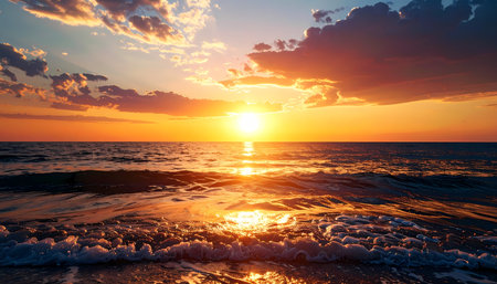 A beautiful tranquil sunset over ocean with colorful orange sky and clouds. golden sun reflects on sea water creating scenic and peaceful nature landscape viewの素材