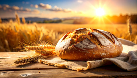 A warm rustic loaf of fresh bread on farm table. beautiful golden sunset over bountiful wheat field evokes peaceful feeling of wholesome harvest and bakingの素材