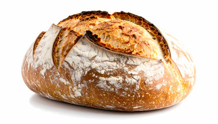 A rustic golden sourdough loaf of bread, freshly baked with crusty exterior. isolated on white background, warm and comforting food from bakeryの素材