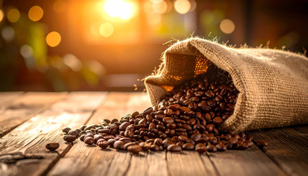 A fresh roasted brown coffee bean spilled from burlap sack onto rustic wood table. warm, inviting background creates cozy and aromatic morning atmosphere for caffeine beverageの素材