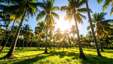 A serene tropical nature landscape of green coconut palm tree grove. beautiful tranquil scene with warm sun shining through trees creating peaceful and relaxing moodの素材