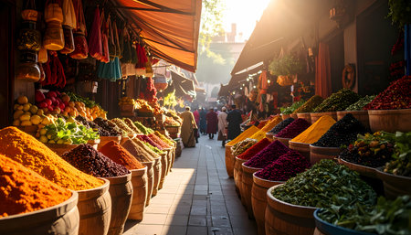 A vibrant moroccan spice market at sunrise with colorful assortment of herb and seasoning in traditional souk. warm, exotic bazaar aisle showing travel and culture in moroccoの素材