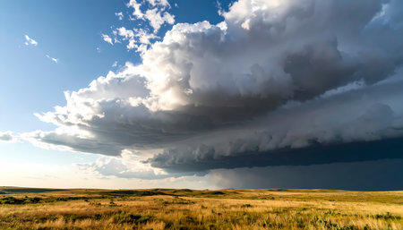 A dramatic dark storm cloud forms over vast prairie landscape. ominous weather brings rain to golden grassland under powerful sky in scenic display of natureの素材