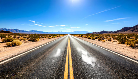 An inspiring scenic view of an empty straight road. this long highway through desert landscape represents journey of freedom and travel toward distant sunny horizonの素材