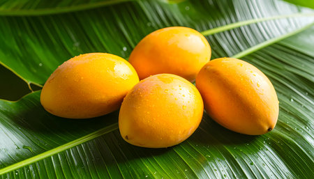 A four delicious ripe yellow mango tropical fruit on large fresh green leaf. healthy food choice representing vibrant and natural diet, looking juicy and appealingの素材