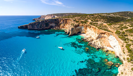 A stunning aerial view of tranquil coastline with beautiful sea bay, steep cliff, and boat on turquoise water. perfect summer travel destination for peaceful vacationの素材