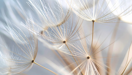 A delicate macro closeup of soft dandelion seed against an abstract nature background. feathery detail evokes peaceful and gentle feeling of hope and lightnessの素材