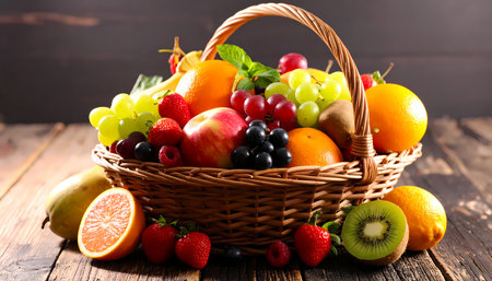 A vibrant colorful basket of fresh fruit on wood table. healthy natural assortment of food perfect for balanced diet and sweet nutritionの素材