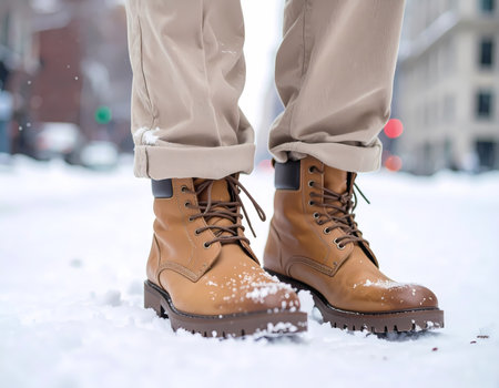 A man in stylish brown leather boot standing in winter snow on city street. calm moment of urban fashion during cold day walkの素材