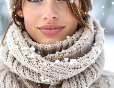 A happy beautiful woman face portrait in winter snow. smiling female wearing warm cozy knit hat and scarf enjoying cold outdoor weatherの素材