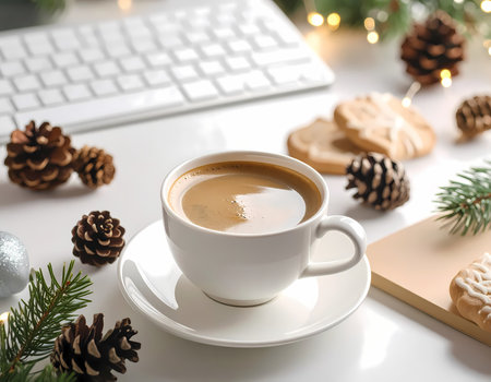 A cozy winter coffee cup on festive desk during christmas holiday break. warm and inviting scene for festive season at officeの素材